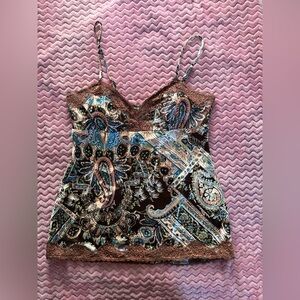 Boho Fever Satin Paisley Cami | Chocolate Brown Lace Trim Tank (M)